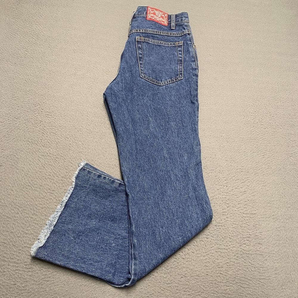 VTG No Excuses Jeans Juniors 7/8‎ Blue High Rise Flare Raw Hem Cotton Denim y2k